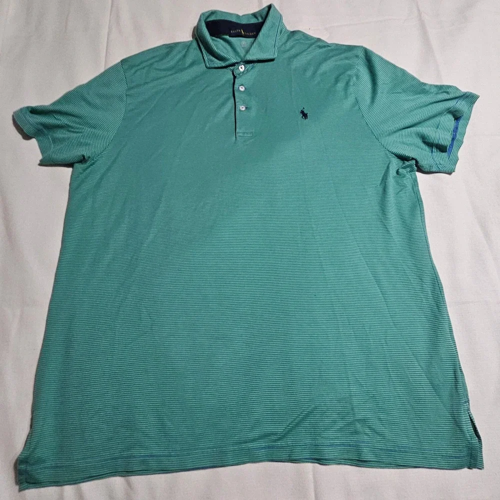 Ralph Lauren Polo Shirt Mens XL Green Blue Striped Short Sleeve Classic Fit Logo